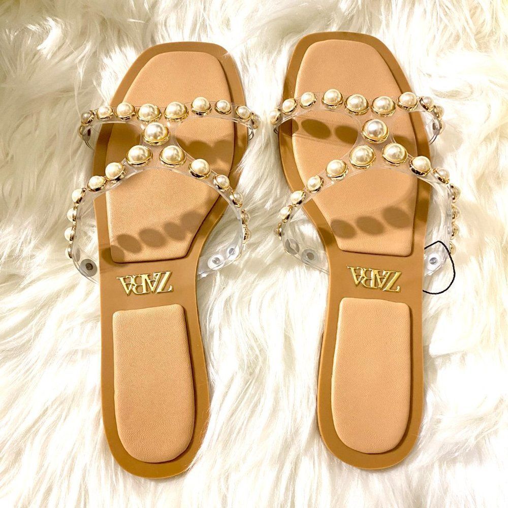 ZARA PEARLY VINYL SANDALS FLATS - Picture 4 of 8